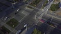 Top view of city intersection on summer day. Clip. Beautiful road intersection with morning traffic in sunny weather Royalty Free Stock Photo