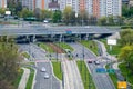 Top view in the city at the intersection of two streets, a tram line and a flyover Royalty Free Stock Photo