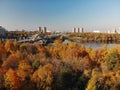 Top view of city of Khimki and railroad bridge in autumn, Russia