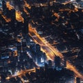 Top view of the city at night with illuminated streets