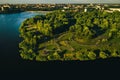 Top view of the city Park in Chizhovka.Recreation Park with bike paths in Minsk.Belarus