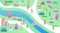 Top view of city public park with river, bridge and walking people vector illustrastion. Royalty Free Stock Photo