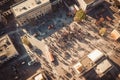 City square with a crowd of people walking around. Small figures of unrecognizable people walking in town square. Generative AI Royalty Free Stock Photo