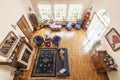 Top view of a classic living room interior with a blue carpet, s