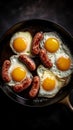 Top view classical breakfast fried eggs and sausages. Ai generated