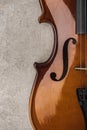 Top view of classical cello on grey textured surface.