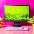 Top view of a clean workspace with a computer screen, keyboard, and mouse