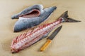 Top view of cleaning and filleting a fresh blyufish Royalty Free Stock Photo