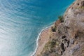 Top view of a cliff on top of a shoreline with a clear blue sea Royalty Free Stock Photo