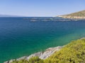 Top view from the cliffs of the Aegean sea and a fish farm on the Greek island of Evia in Greece on a Sunny day