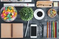 Aged wooden desk top with items Royalty Free Stock Photo