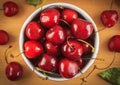 Top view close-up cherries in bowl Royalty Free Stock Photo