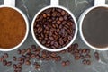coffee beans, ground and brewed coffee in the cup