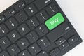 Top view and close up of computer keyboard with green buy button on desktop. Online purchase and shopping concept. Royalty Free Stock Photo