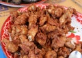 top view, close-up, fried chicken drumsticks, popular food, placed in a tray