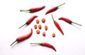 Top view and close up Group of red chili peppers and sliced red chili isolated on white background.