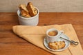 Top view, close up of homemade, freshly baked, apricot walnut biscotti and cup of espresso Royalty Free Stock Photo