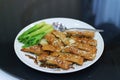 Top view Close-up image Thai food Baked duck fried with vegetables Delicious healthy food in a clean dish