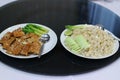 Top view Close-up image Thai food Fritter duck and crab fried rice with cucumber, lime, vegetables Delicious healthy food in a cle