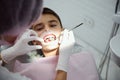 Top view. Close-up of little boy wearing a dental cheek retractor during regular medical check-up. Dentist using stainless steel