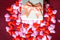 Top view and close up Many red hearts ond pink with gift. Happy valentine's day Royalty Free Stock Photo