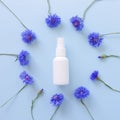 Top view and close-up of mockup of unbranded white plastic spray bottle and floral frame of blue lowers on a pastel blue