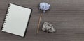 Top view Close up notebook, pencil and crumpled paper ball with copy space Royalty Free Stock Photo