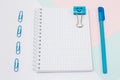 Top view close up photo of blue stationery. Set of open notebook Royalty Free Stock Photo