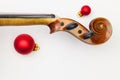 Top view close up shot of old violin and Christmas decoration. Royalty Free Stock Photo