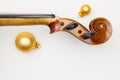 Top view close up shot of old violin and Christmas decoration. Royalty Free Stock Photo