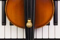 Top view close up shot of piano keyboard,old violin and Christmas decoration. Royalty Free Stock Photo