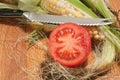 Sliced tomato, ear of corn  with husk pulled back, to view white and yellow canals of corn and a serrated knife blade Royalty Free Stock Photo