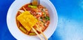 Close up Spicy Pink seafood flat noodles soup with spoon, chopsticks, deep fried pork wonton Royalty Free Stock Photo