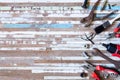 Top view close up of variety handy tools and rusty tools on grunge wood background with copy space for your text for Worker`s day Royalty Free Stock Photo