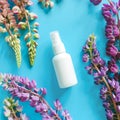 Top view and close-up of white plastic spray bottle mock-up and flower lupine composition on a blue background. Royalty Free Stock Photo