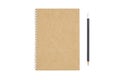 Top view of closed spiral blank recycled paper cover notebook with pencil.