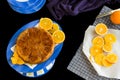 Close-up,top view of sicilian orange cake or upside down orange cake,isolated on black background.