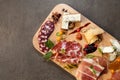 Top view closeup of an assortment of delicious cured meats and cheeses on a wooden board