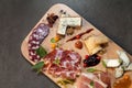 Top view closeup of an assortment of delicious cured meats and cheeses on a wooden board