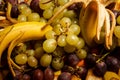 top view closeup on assortment of tropical fruits on big plate Royalty Free Stock Photo