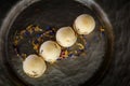 top view closeup elegantly decorated four spherical sponge biscuits