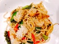 Closeup fusion seafood stir fried spicy spaghetti