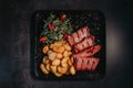 Top view closeup of a grilled tuna, vegetable salad, and potato sliced on a platter Royalty Free Stock Photo