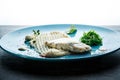 top view closeup mashed potatoes, sea kale, and baked fish Royalty Free Stock Photo