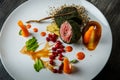 Top view closeup medium raw meat in dill served with wheat sprouts