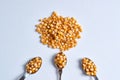 Top view closeup shot of a pile of corn kernels with three spoons also full of corn kernels Royalty Free Stock Photo