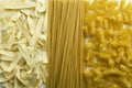 Top view and closeup of various types of italian pasta as a background