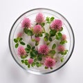 Top view of clover with pink flowers in glass container white background. Green four-leaf clover symbol of St. Patrick\' Royalty Free Stock Photo