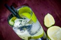 Top of view of cocktail glass with ice and lime slice