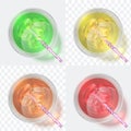 Top view cocktails. Glass with fresh juice and drink with staw. Iced beverage vector set